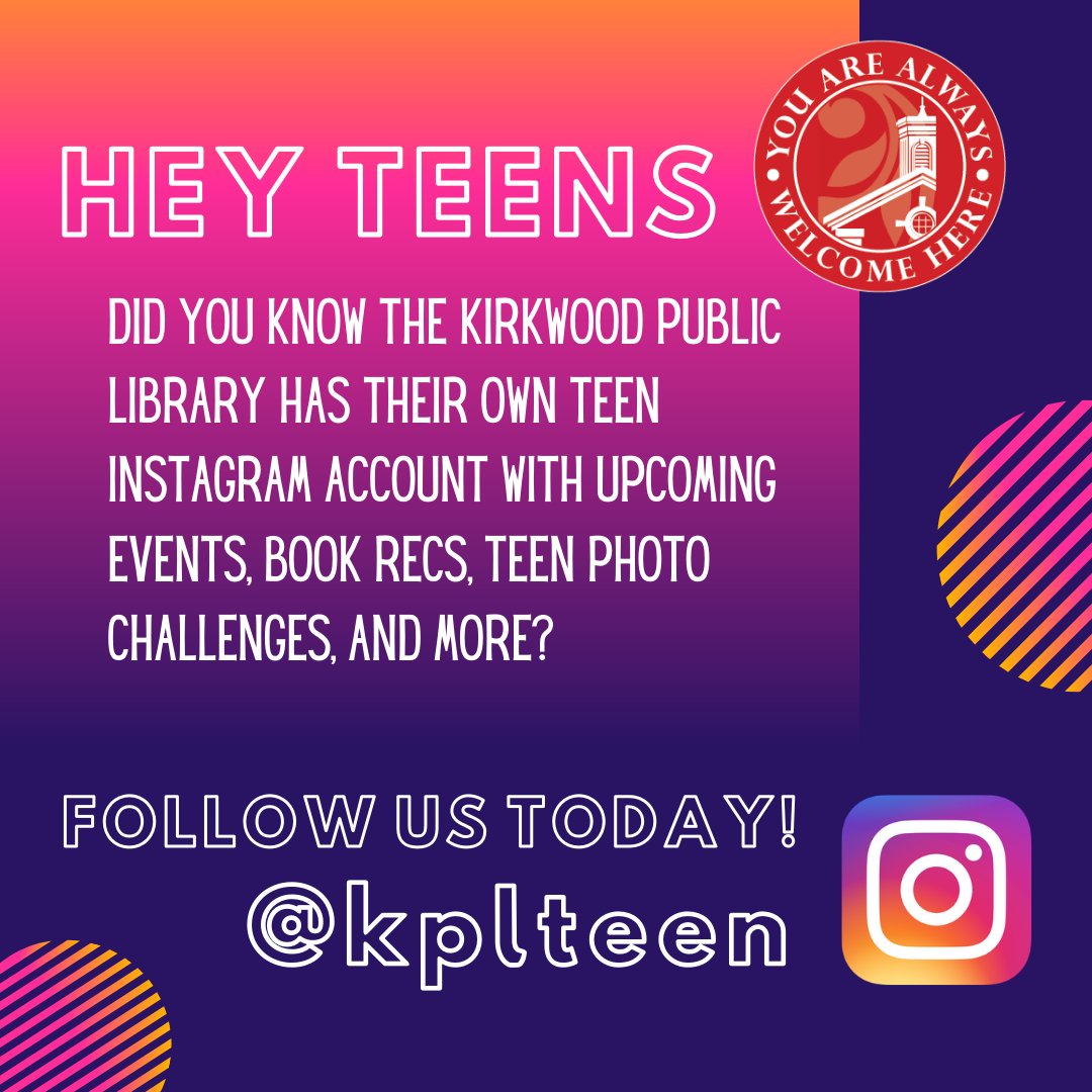 Did you know that KPL has an #Instagram account just for teens? Make sure to follow @kplteen today to keep up to date with the latest events, book talks, and more!
#quarantinewithkpl #athomewithkpl  #teenprogramming