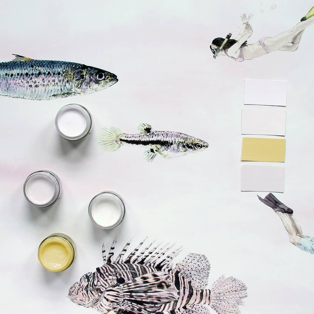 Mood-boarding colours for our first 'under the sea' wallpaper, aka Fish 🐠Y⁠
⁠
This Pink colourway goes particularly well with muted tones and a splash of yellow. This Sunlight 135 shade from @littlegreenepaintcompany makes us think of the subtle suns… instagr.am/p/CSj_-VpIPnL/