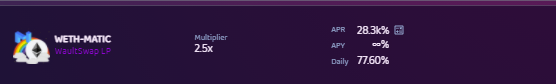 PolycornF's tweet photo. Hey 🌈!
After ETH/MATIC farm (still NO DEPOSIT FEE and 290% APY !!!) with @ape_swap LPs, there is now a brand new ETH/MATIC farm with @Wault_Finance LPs that opened on https://t.co/fHHLyU9fnf !
APY is just insane ! https://t.co/twzqQvHRln