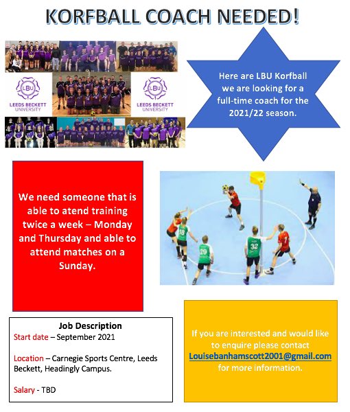 KORFBALL COACH NEEDED! We are looking for a coach that is available to work at both training sessions and matches. If you are interested private message this account 🥳