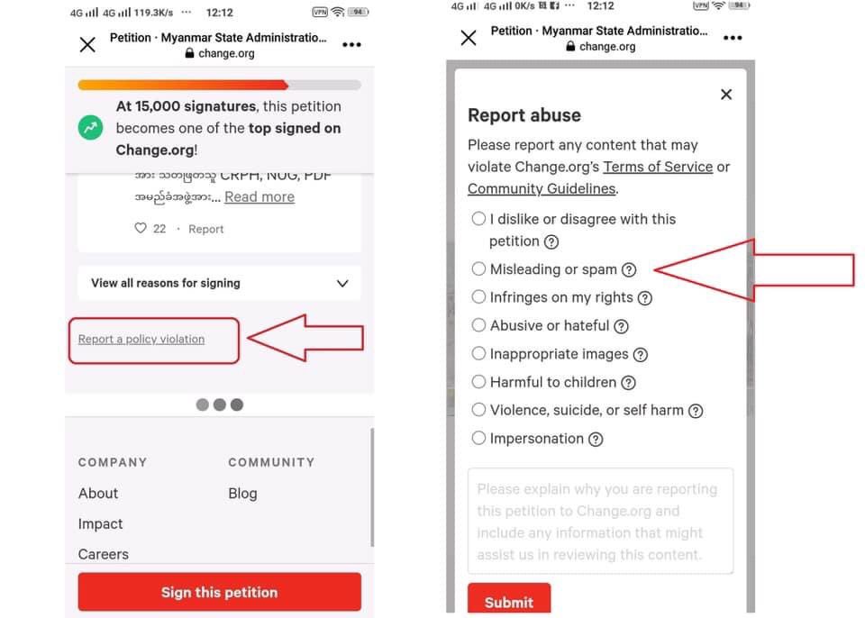 Report ​ကျွေး​​​ပေးကြပါ...
အရေးကြီးပါတယ် ⚠️

အဲဒီတော့ ကျနော်တို့ဘက်က ဒီရက်ပိုင်း အားစိုက်ပြီး
report ဝိုင်းကျွေးရင် Link ပျက်နိုင်ပါတယ်

‼️Sign This Petition လုံး၀ လုံး၀ လုပ်စရာ မလိုပါ Report တန်းထုခဲ့ပါ

change.org/reject_NUG