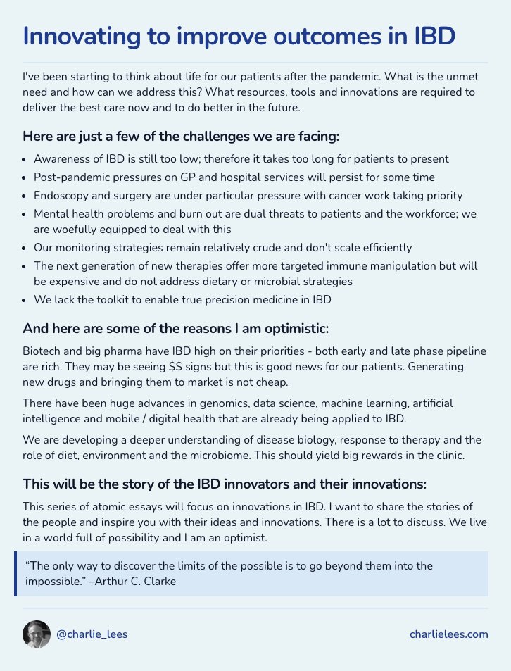 I've started to think about life for our patients post-pandemic. 

We face many challenges but I'm optimistic.

Advances in drug development, genomics, digital health, AI &amp; more.

This is the start of a new series on Innovations in IBD &amp; the story of the innovators. 
#ship30for30