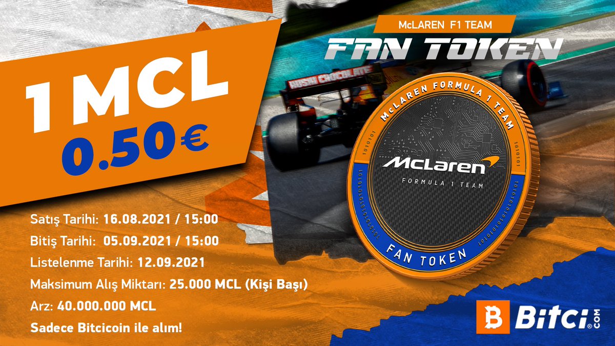 Mclaren Taraftar Token’ı MCL Token arzı, 16 Ağustos’ta gerçekleşecek. 🧡 40 milyon MCL 0.50€’dan satışa sunulacak! #Bitcicom #MCL #FanToken #KazananlarınYanında @McLarenF1
