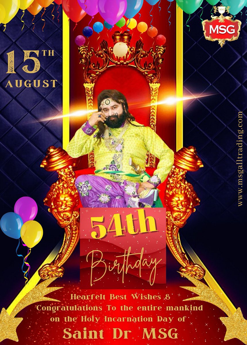 MSGAllTrading's tweet photo. MSG All Trading International Pvt Ltd wishes the whole universe a very Happy & Pious 54th Incarnation Day of Revered Saint Dr. Gurmeet Ram Rahim Singh Ji Insan.
#IncarnationDayOfMSG
#54thBirthday
#15thAugust
#MSGProducts
#DeraSachaSauda
#MSGBirthday
#HappyBirthdaySaintMSG https://t.co/XZbyG8Rhpo