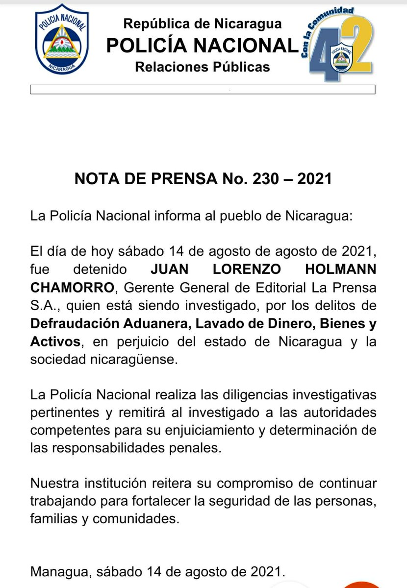 Policia investiga por delitos de evasión de impuestos y lavado de dinero a un directivo de La prensa  un periodico de #Nicaragua conocido por no pagar impuestos y ser fuente de desinformación en el pais
#TerrorismoNuncaMas