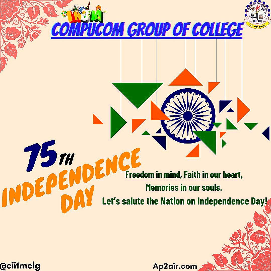 Ciitmclg's tweet photo. Happy Independence Day!

#happyindependenceday #JaiHind #VandeMataram #IndianArmy #realhero #compucom #India #happyindependenceday #happy #15August #ciitm #jaipur https://t.co/cQomCfE862