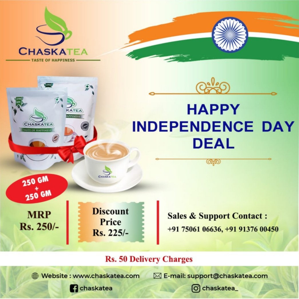 chaskatea's tweet photo. Happy Independence Day from the team @chaskatea
#tea #nationaldrink #happy #75thIndependenceDay #IndependenceDayIndia #PrideMonth #colorsofpride #saffron #white #green #Chakra #Offers #Deals #grab #team #LikeForLikes #twitterfollowers #@chaskatea https://t.co/tzRlfaJmdX