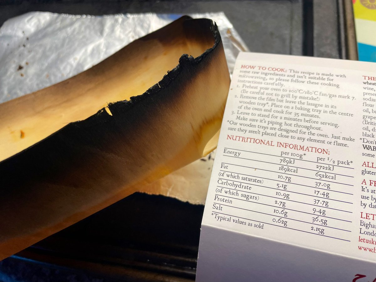 lbshorrocks's tweet photo. @charliebighams just had a full on fire in the oven whilst cooking one of your delicious Lasagne as per the instructions ... never had a problem before, but this one's wooden box went up like a match after 3 minutes in the oven, on the middle shelf, far away from the element! https://t.co/lwITFzzHbF