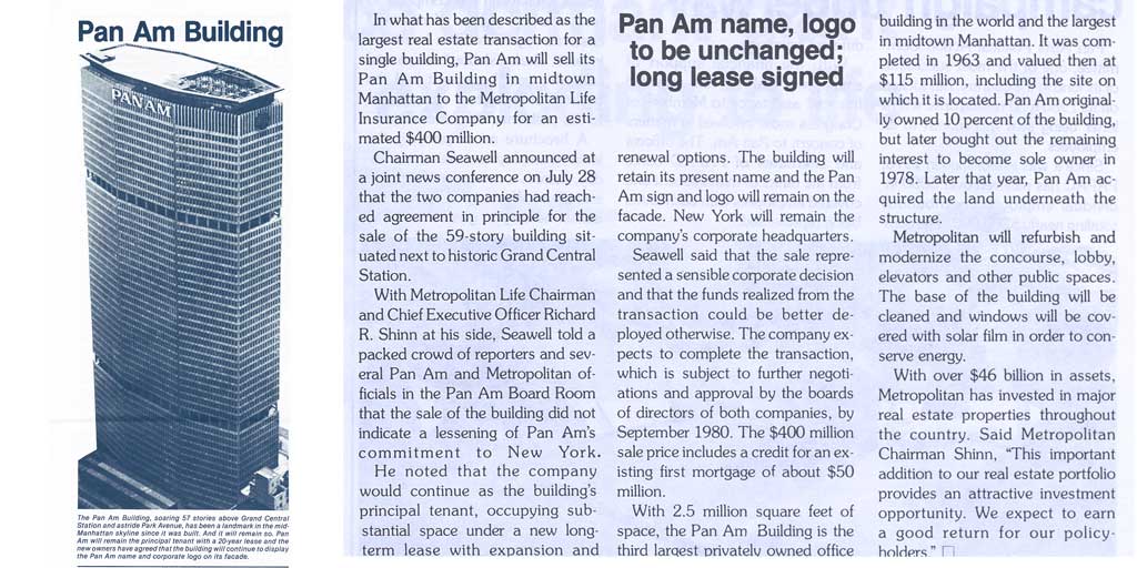 panamhistory's tweet photo. #PanAm's landmark #skyscraper! Aug. 1980 detail from a feature in the Pan Am Clipper: “Pan Am Building sold for record $400 million”- describes the structure, its sale to Met Life, & Pan Am's lease as the building's principal tenant #panambuilding #nyclandmark #1980s #Manhattan https://t.co/BPc7BMTHgi