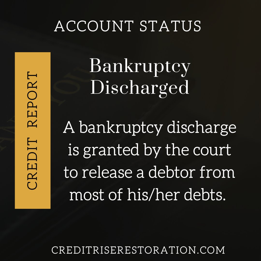 CreditRiseRest1's tweet image. A bankruptcy discharge is granted by the court to release a debtor from most of his/her debts that were included in a bankruptcy. 
#creditreport #accountstatus #creditrepair #bankruptcy #credittips
CreditRiseRestoration.Com