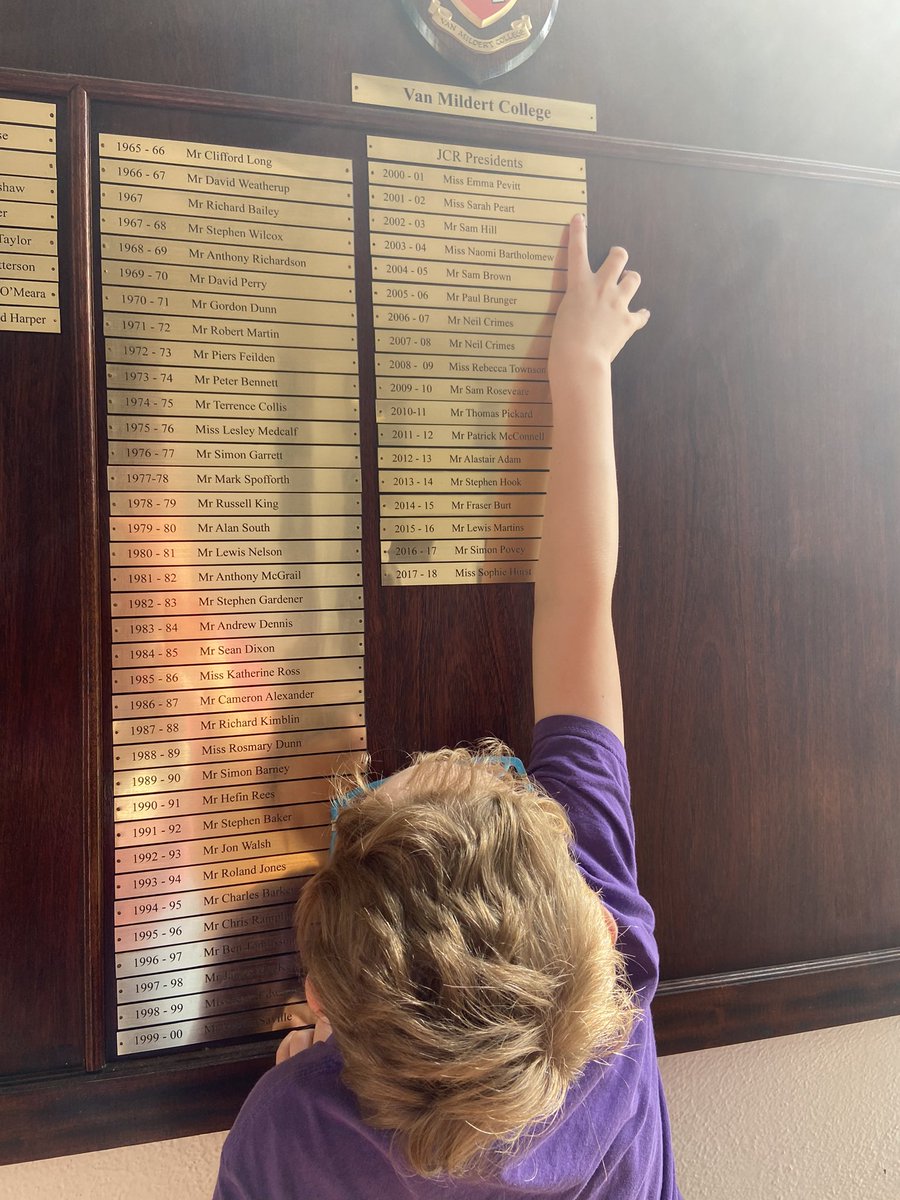 Kenzie1975's tweet photo. Junior checking out both parents on the @Van_Mildert_JCR President’s honours board at @vanmildert1965 Numbers 34 and 38 are mum &amp; dad #mildert #futurefresher https://t.co/TjHUaSwOZl