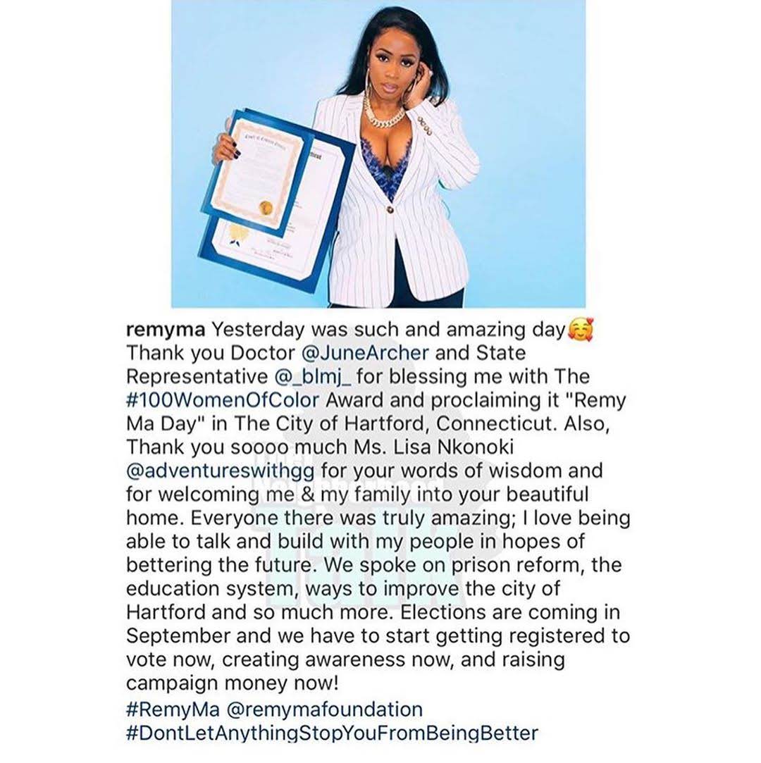 RemysNewThang's tweet photo. On 6|10|2019, Remy Ma was honored with the #100WomenOfColor Award for using her platform in respects to prison reform, voter registeration & wonen's rights. "Remy Ma Day" is an official day in the state of Connecticut & she received the city key to Hartford, CT. https://t.co/FqNv3Tg2Er