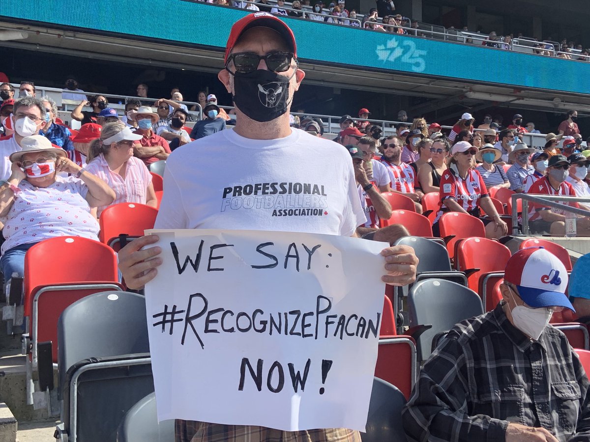 Atletico613's tweet photo. Fans at @atletiOttawa home opener are saying loudly and respectfully: #RecognizePFACan now! For respect for the players, and a better league! #canPL #pfacan #canlab #aupaatleti #vamosatleti #nwsl #ynwa https://t.co/bVtFaJrRDP