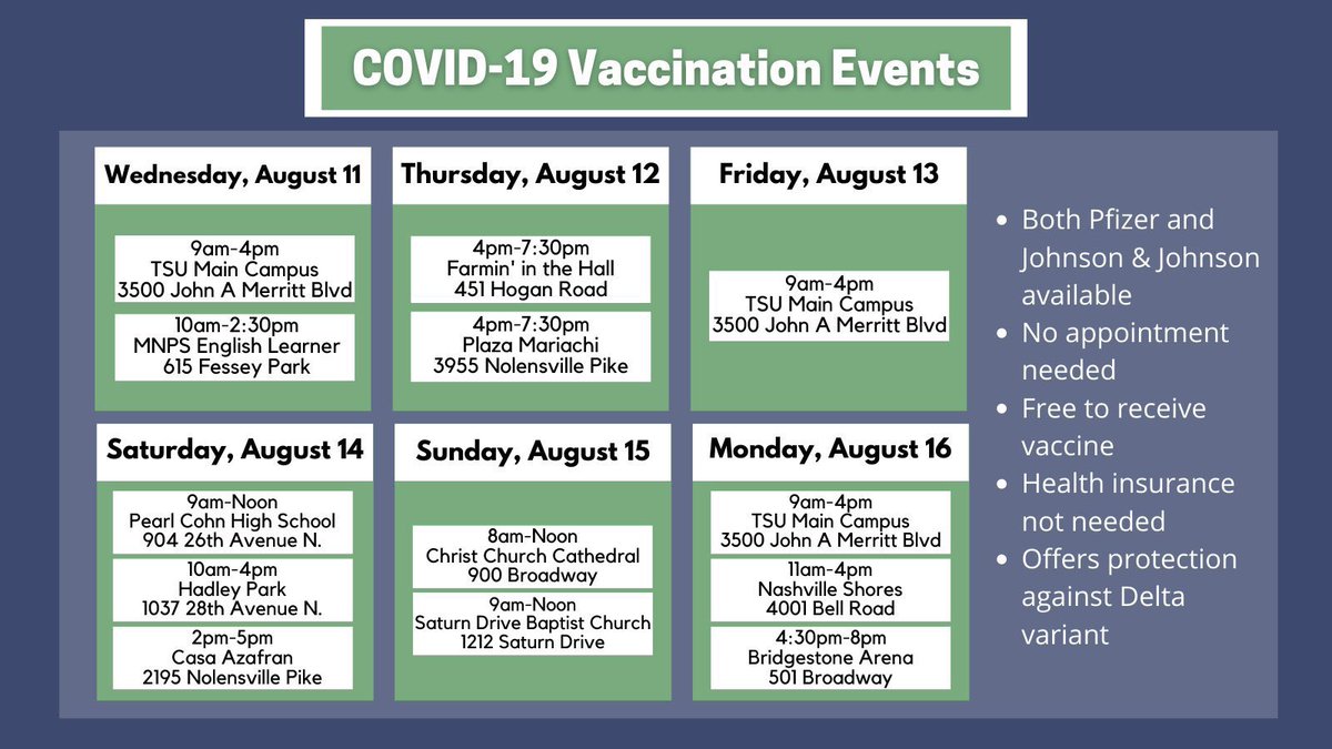 Several #Nashville vaccination events this weekend &amp; on Monday. Please #GetVaccinated &amp; #WearAMask when in indoor public spaces.