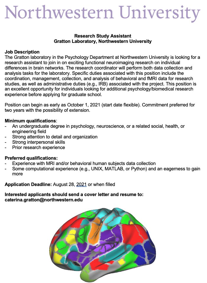 Caterina Gratton (@grattoncaterina) on Twitter photo My lab <a href="/NorthwesternU/">Northwestern</a> is in search of a full time Research Assistant for a new project on individual differences in #brain 🧠 organization across the adult #lifespan (newly funded by an NIMH R01 supplement, yay!). Please RT 🙏 My lab <a href="/NorthwesternU/">Northwestern</a> is in search of a full time Research Assistant for a new project on individual differences in #brain 🧠 organization across the adult #lifespan (newly funded by an NIMH R01 supplement, yay!). Please RT 🙏