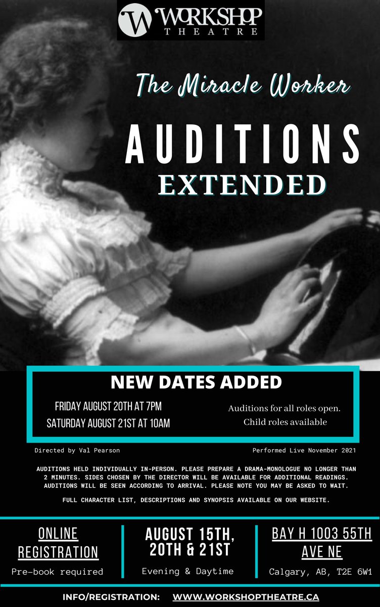 WTheatre's tweet photo. **AUDITIONS EXTENDED**
The Miracle Worker. Performed live November 2021.
We have extended our auditions to give everyone the opportunity to attend. Full character descriptions, production information and auditions registration is available on our website, https://t.co/AG5PIUYCHK https://t.co/v0wom5VM7s
