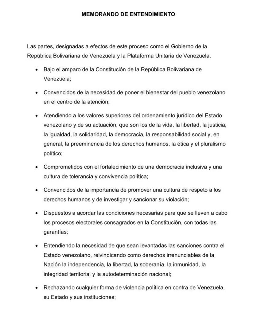 NicolasMaduro's tweet photo. Comparto con el pueblo de Venezuela el Memorándum de Entendimiento firmado, refrendado y aprobado ayer #13Ago entre el Gobierno Bolivariano que presido y la autodenominada Plataforma Unitaria de la Oposición. #LoLogramosEnMéxico, después de tanto esfuerzo. https://t.co/S5tfpJ054r