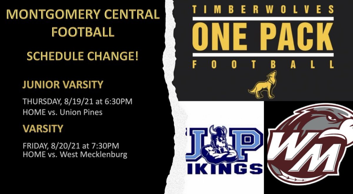 Montgomery Central Timberwolves Football (@montgomery_fb) on Twitter photo Schedule Change! <a href="/Montgomery_FB/">Montgomery Central Timberwolves Football</a> opens this week with both JV and Varsity at home! Come support your Timberwolves! #OnePack #Believe Schedule Change! <a href="/Montgomery_FB/">Montgomery Central Timberwolves Football</a> opens this week with both JV and Varsity at home! Come support your Timberwolves! #OnePack #Believe