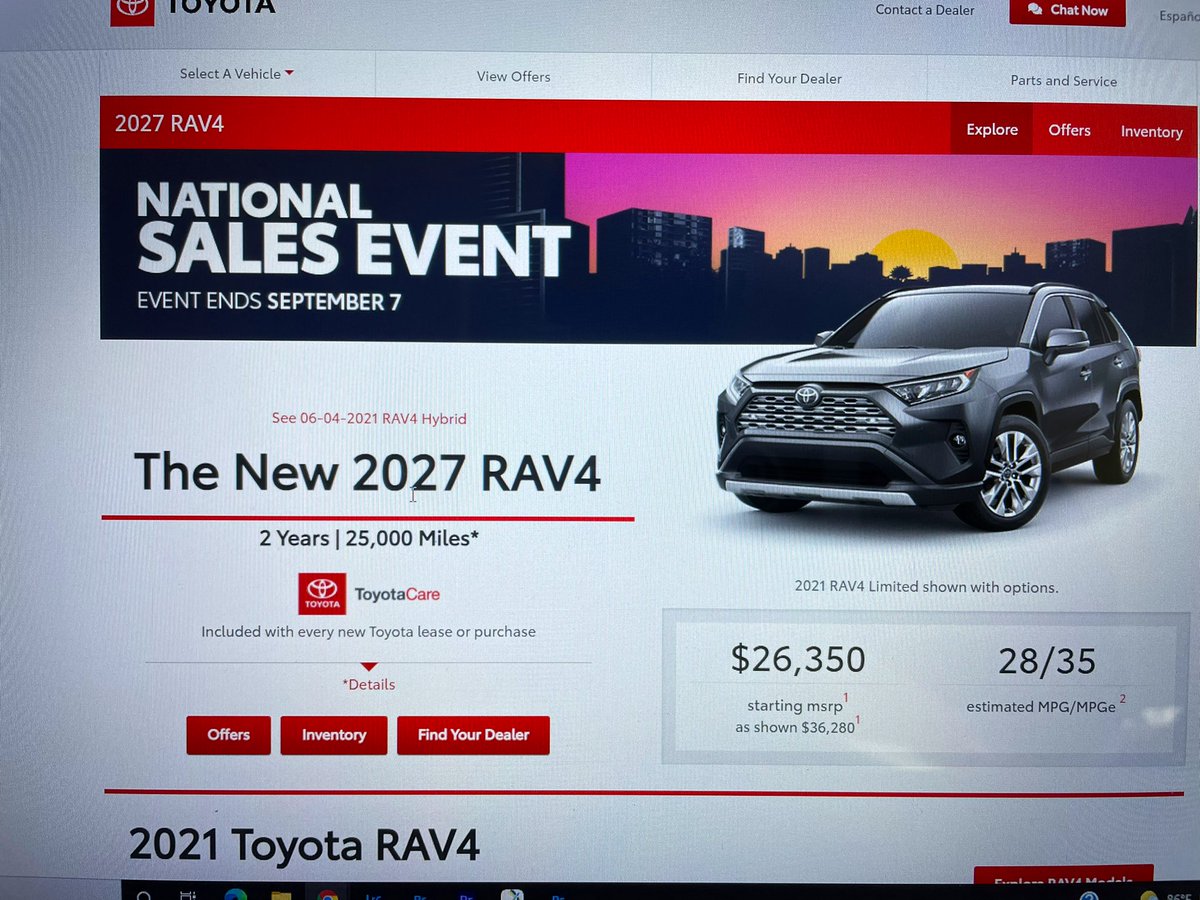 ImAndreLJohnson's tweet photo. LOOK HOW FAR AWAY TOYOTA WANTS TO BE FROM 2020 😂 THEY SKIPPED ALL THE WAY TO 2027 LOL 😂 I DON’T BLAME YOU @Toyota CAN I GET A GOOD DEAL ON ONE? LOL
#toyota #hilarious #2027rav4 https://t.co/vAu3Xh7gOv