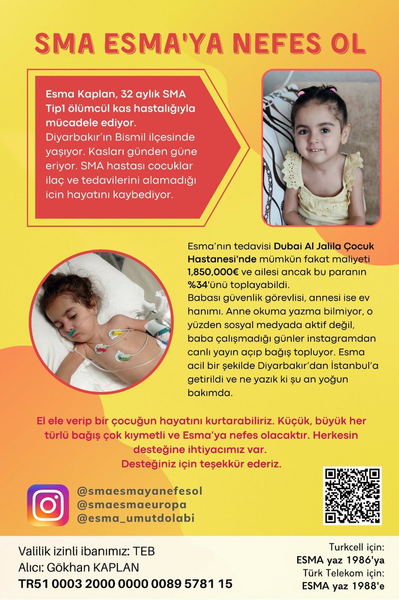 <a href="/AjansMuhbir/">🎙Muhbir</a> Bu tivitimi gören herkesten ricamdır. Yarın yiyeceğiniz bir öğün yemeğin, içeceğiniz bir fincan kahvenin parasini yavrumuz @Esmayaumutol1'ya yollar mısınız? Tedavi için sadece 103 günü kaldi. 

Maddi katki olmasa da paylaşmanız da çok kiymetli...🙏❤🍀 <a href="/fzaofficial/">fafazey</a> <a href="/HazalKaya110/">Hazal Kaya</a>