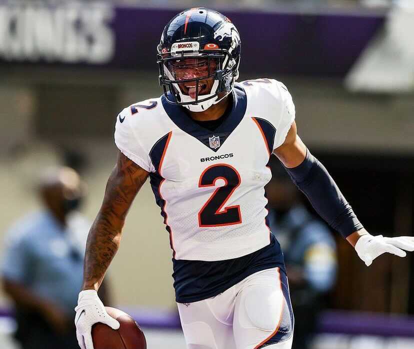 PFF's tweet photo. Patrick Surtain II’s rookie debut:

🔸11 coverage snaps
🔸0 catches allowed
🔸1 pick six

Putting the NFL on notice 👀

(📸 @Broncos) https://t.co/VLi6TLYJ9j