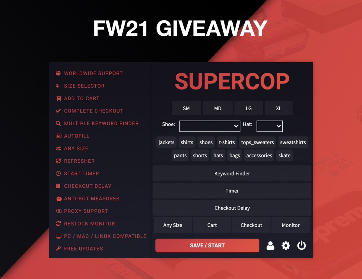 SuperCopBot's tweet image. Giving away 2 FW21 Supreme Bots!

To Enter:
- Follow @SuperCopBot 
- Retweet 

Winners chosen at random on Monday 9pm est!