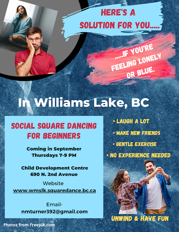 TurnerNM's tweet photo. In #WilliamsLake Social Square Dancing for Beginners will brighten your day. No special clothes required.  Come join the fun and laughter. Be with others and have a great time.  Check the website for the actual start date.  Of course, it will depend on the Covid situation.)🤞 https://t.co/JkUvTgjsLl