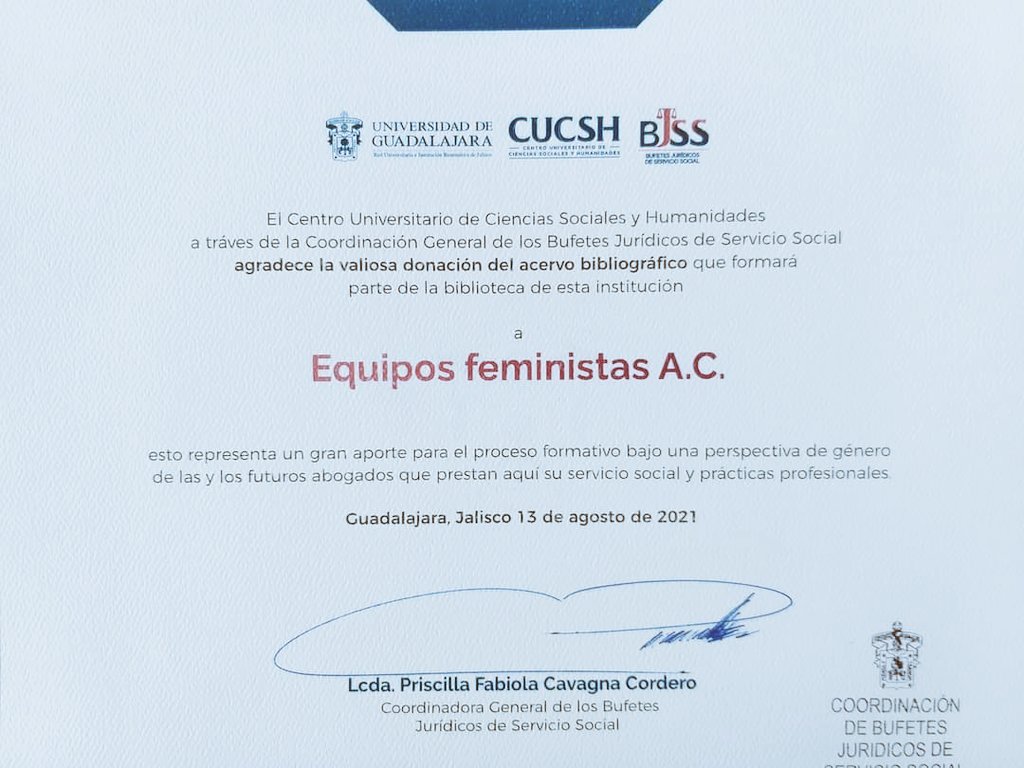 Gracias a la <a href="/udg_oficial/">Universidad de Guadalajara</a> por el atento reconocimiento que nos brindaron por efectuar la donación de nuestro acervo bibliográfico.