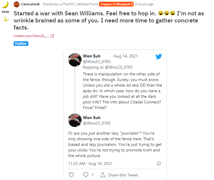 AMCScam's tweet image. The next time you want to "start a war"... try to bring some facts to the table. At least on Reddit you make clear that you have no clue what you're talking about. LOL #AMCScam