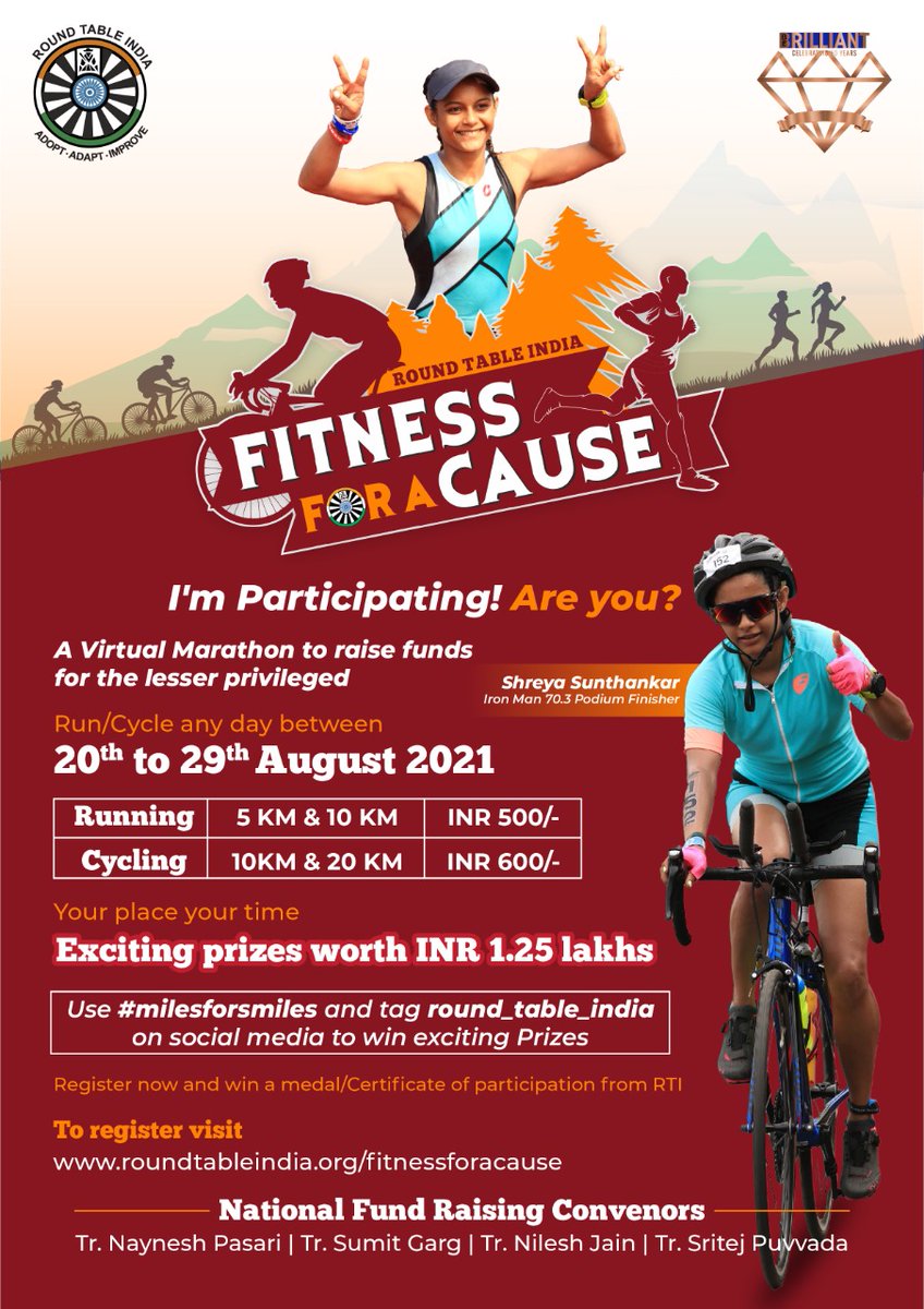 roundtable53's tweet photo. Join and win a medal/certificate of participation from Round Table India and prizes worth INR 1.25 lakhs 

Use #MilesForSmiles 
Tag @roundtableindia on your social media shares with your achievements to win the exciting prizes

https://t.co/XH2dNVp6Kn https://t.co/960Ov74j0i