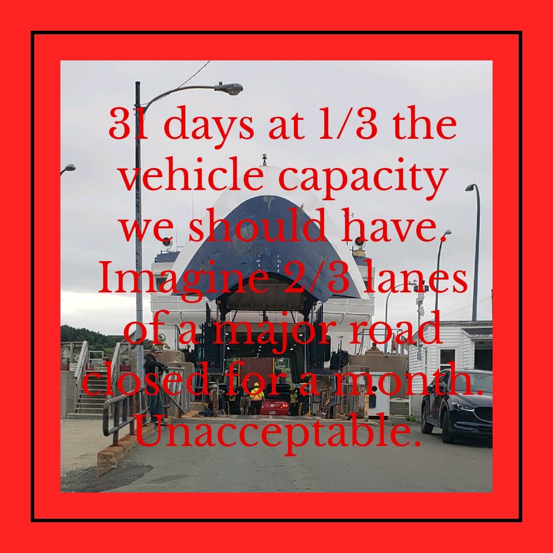 31 days with 1/3 of the vehicle and 1/4 of the passenger capacity that is supposed to be on the Bell Island run. The cost to our community has been staggering.  #fixtheferries <a href="/DavidBrazilNL/">David Brazil</a> <a href="/ElvisLoveless/">Elvis Loveless</a> <a href="/FureyAndrew/">Andrew Furey</a> <a href="/CBCNL/">CBC Newfoundland and Labrador</a> <a href="/590VOCM/">YOUR VOCM</a> <a href="/VOCMOpenline/">VOCM Open Line</a>