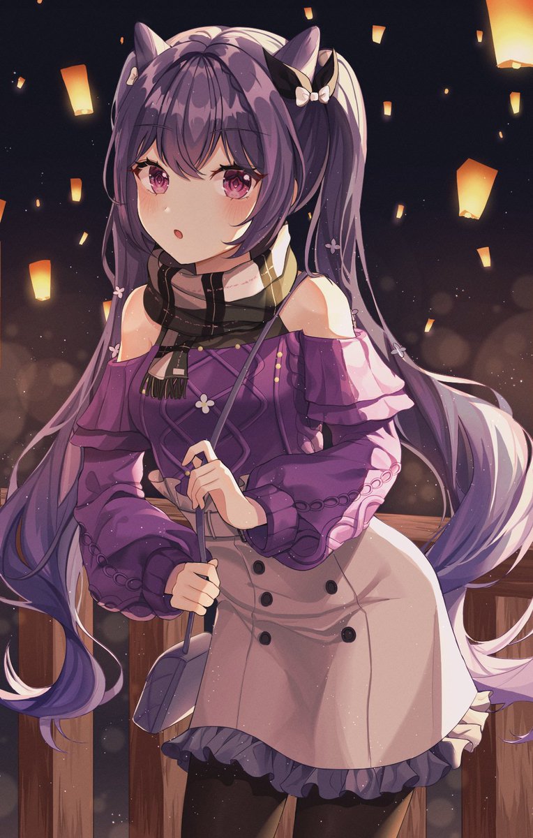 nidu4s's tweet photo. https://t.co/NmftVdEyrn #genshin_impact #keqing_genshin_impact #tteullie #single #long_hair #tall_image #looking_at_viewer #blush #fringe #breasts #open_mouth #hair_between_eyes #standing #twintails #purple_eyes #payot #purple_hair #outdoors #long_sleeves #night #off_shoulder https://t.co/2vzv1m1VRm