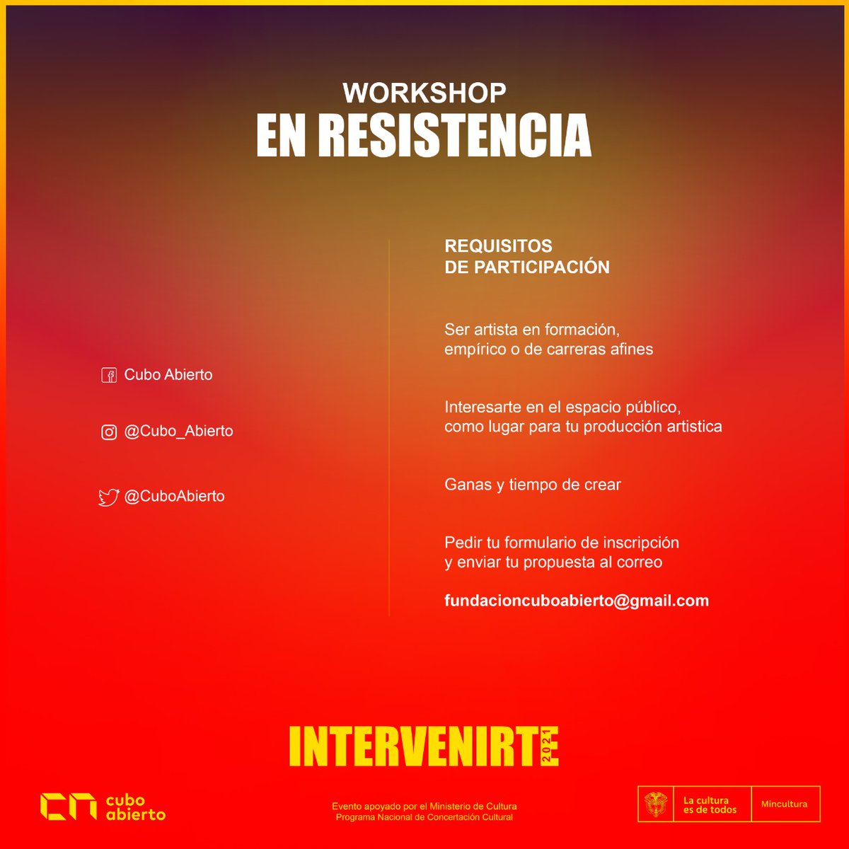 CuboAbierto's tweet photo. ¿Qué es el workshop En Resistencia?
Es un espacio virtual en donde artistas y creadores en general interesados en trabajar en el espacio público podrán desarrollar nuevos proyectos a partir de una experiencia de trabajo experimental. 
@mincultura https://t.co/9gQNEbMpdM