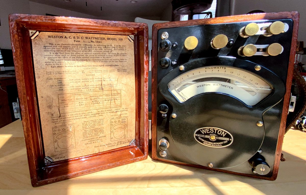 turingsmachine's tweet photo. This vintage/antique Weston Model 310 wattmeter is one of my most thorough restorations on my #etsy shop: https://t.co/axKuJkkvJr #vintage #antique #electrical  #weston #steampunk #brass #wood #electronics #equipment #wattmeter #voltmeter #ammeter https://t.co/BlDfNm7aDw