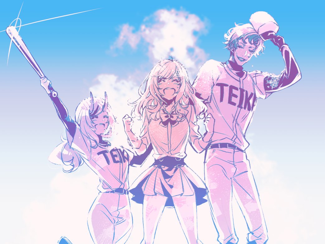 takamiya rion baseball uniform multiple girls 2girls baseball bat 1boy oni horns skirt  illustration images