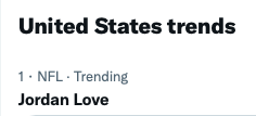 FieldYates's tweet photo. The top trending topic on Twitter in the United States right now? 

Jordan Love. https://t.co/f4VhcLUCmm