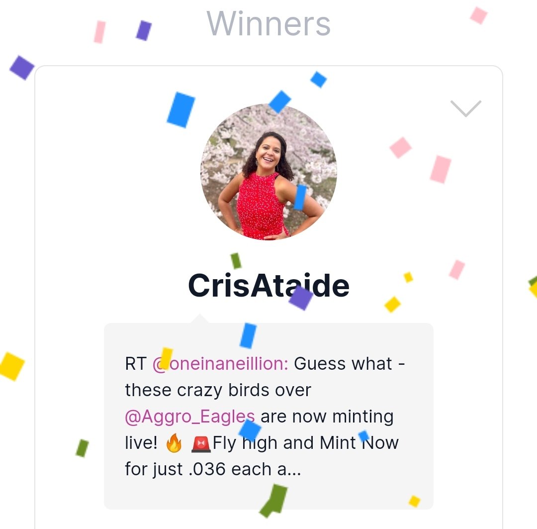 Congrats to <a href="/CrisAtaide/">Cris Cris</a> for winning an <a href="/Aggro_Eagles/">Aggro Eagles</a> 🙌 Kindly send me your ETH address via DM.