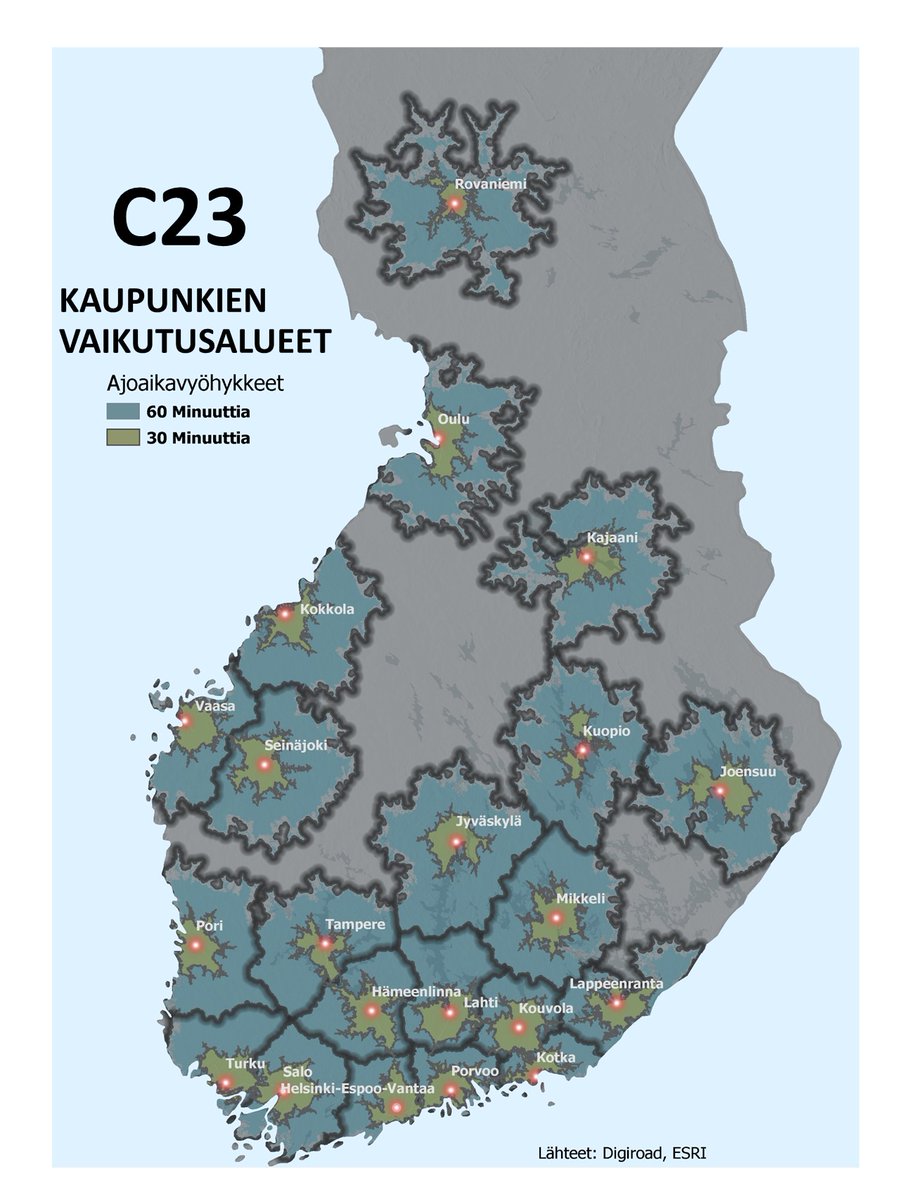 C23-KAUPUNKIEN 30 JA 60 MINUUTIN SAAVUTETTAVUUS:

🔵30 min alueilla 4 miljoonaa asukasta

🔵30 min alueiden suurin väestö pk-seutu (1,3 mil. as.), Tampere (363), Turku (331), Oulu (234), Porvoo (214), Lahti (175), Jyväskylä (170), H-linna ja Kuopio 121 ja Pori (112) 
<a href="/MDIfriends/">MDI</a>