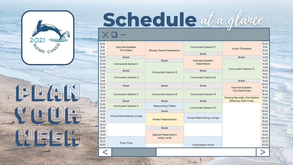 Our NAME/CaNOE Virtual conference is coming up quickly! Take a look at our ‘Schedule at a Glance’ to help plan your week and decide what you want to add to your agenda! Find the schedule here: pacname.org/2021-schedule-…

Also available on Whova under resources > documents
