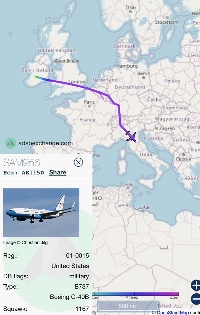 SpeckleBelly64's tweet photo. USAF Special Air Mission (SAM) C-40B   tracking south over Europe early morning local time. 

#SAM956 #AE115B https://t.co/Yf7cIF7fHR
