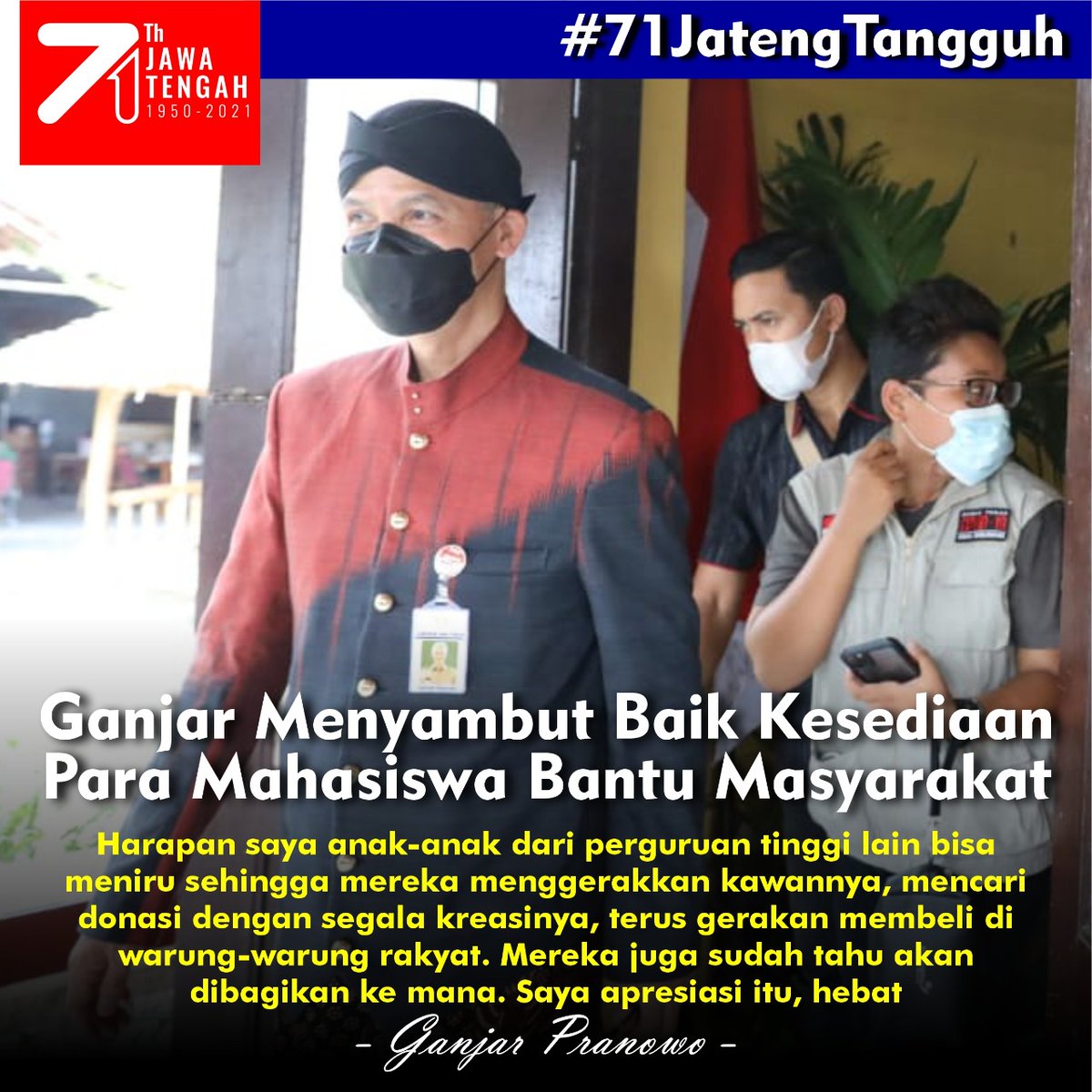 Luar biasa mahasiswa Jateng, mereka bener² terdidik dan punya empati dan rasa kemanusiaan yang tinggi. Mereka dengan sukarela membantu pemerintah dengan langsung terjun ke lapangan membantu masyarakat hadapi pandemi. 
Mahasiswa Jateng keren 👍👍

#71JatengTangguh