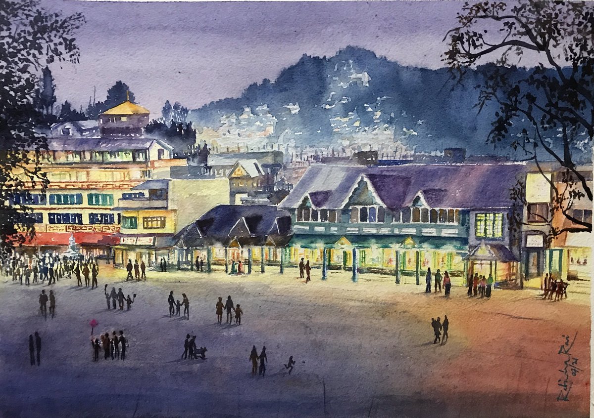 Darjeeling Chowrasta by evening:
#watercolour on 440gsm Indian Handmade paper.Favourite haunt for locals as well as tourists to while away the time , pony ride or a walk around the mall. #Darjeeling #chowrasta #darjeelingtourism #hillstation #watercolourpainting #sundayvibes