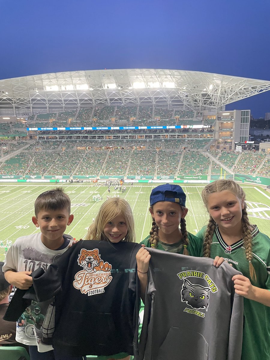 Next generation of football players! Up from Saskatoon for the game!!! #GoRiders #PrairieCatsFootball #TroubleMakerTigersFootball #SaskatoonMinorFootball #SMF
