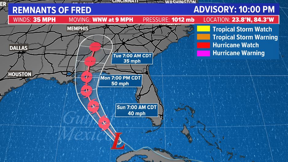 AddisonGreenWX's tweet photo. 10 PM CT #Tropical Update - #Fred is forecast to get itself together and become a tropical storm on Sunday before threatening the Northern Gulf Coast by late Monday. #TDFred #TSFred #Tropics @KHOU https://t.co/sYkPi4MwE9