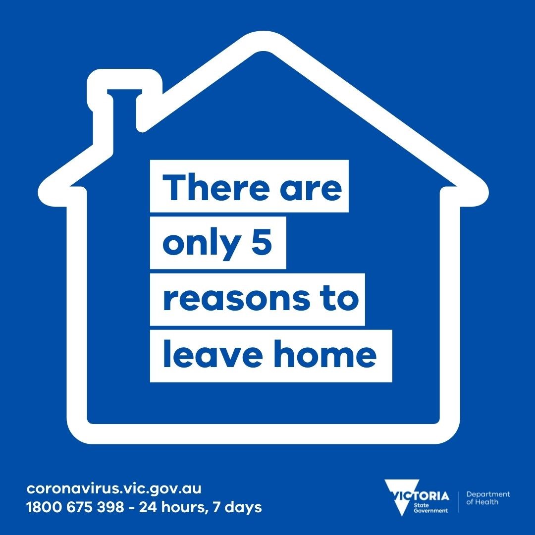 VicGovDH's tweet image. If you’re in metropolitan Melbourne, remember there are only five reasons to leave home: 

✔️ shopping for necessary goods and services 
✔️ caregiving or compassionate reasons, including medical care or to get a COVID-19 test 
✔️ authorised work or permitted education