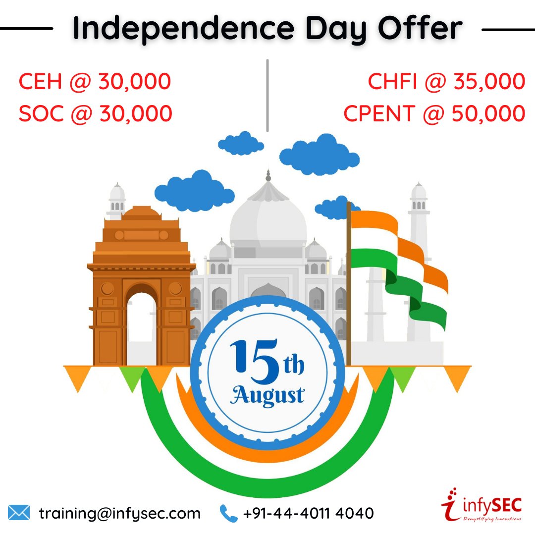 infysec's tweet photo. Happy 75th Independence Day. Avail the best offers on this Independence day

#infysec #independence #offer #ethical #hacking https://t.co/8iqk4TaTLc