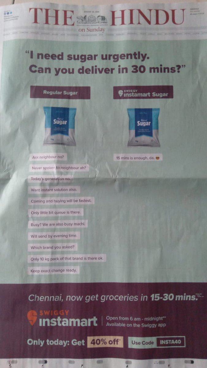 karthikesh92's tweet photo. i saw paper ad today
 8:47 ordered from my @swiggy_in  app
 8:55 order got delivered #lightningfast #superswiggy #timesaved when it's possible at 8 mnts why u say at 30 mnts?! 😂😉 https://t.co/357BSKJ4AB