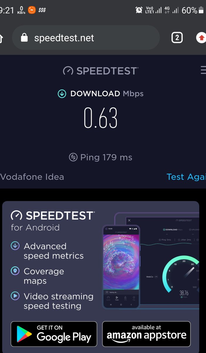 k273_15's tweet image. This was the downloading speed of Vodafone Idea 4G network in my house when I run test at @Speedtest #worst_network #Vi #InternetEssentials @TRAI @ViCustomerCare