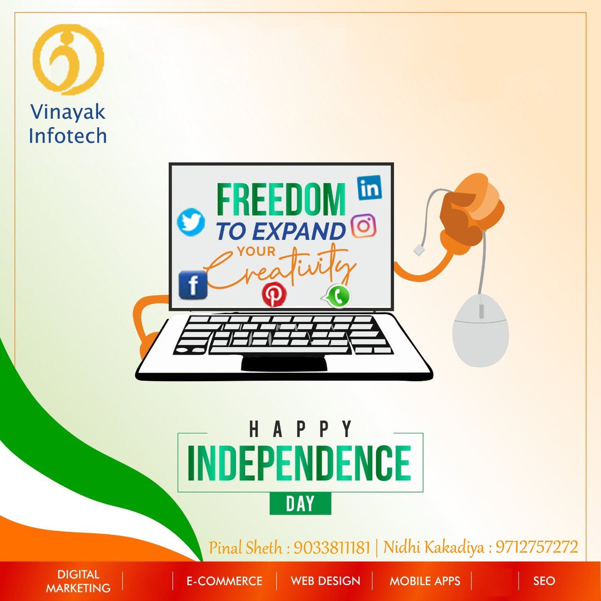 InfotechVinayak's tweet photo. VINAYAK INFOTECH 
“Give me your blood and I will give you freedom!"
#vinayakinfotech 
#happyIndependenceday 🇮🇳
#indiaday 
#indian 
#webdesign 
#graphicdesign 
#websitedevelopment
#15augustcelebration 
#indiacelebration 
#bannerdesign 
#gujarat https://t.co/jiLMmVyYRX