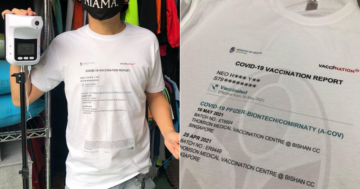 MothershipSG's tweet photo. S'pore man becomes walking vaccination report with this nifty t-shirt https://t.co/8JSHTfqmnw https://t.co/drnFoNTeLv